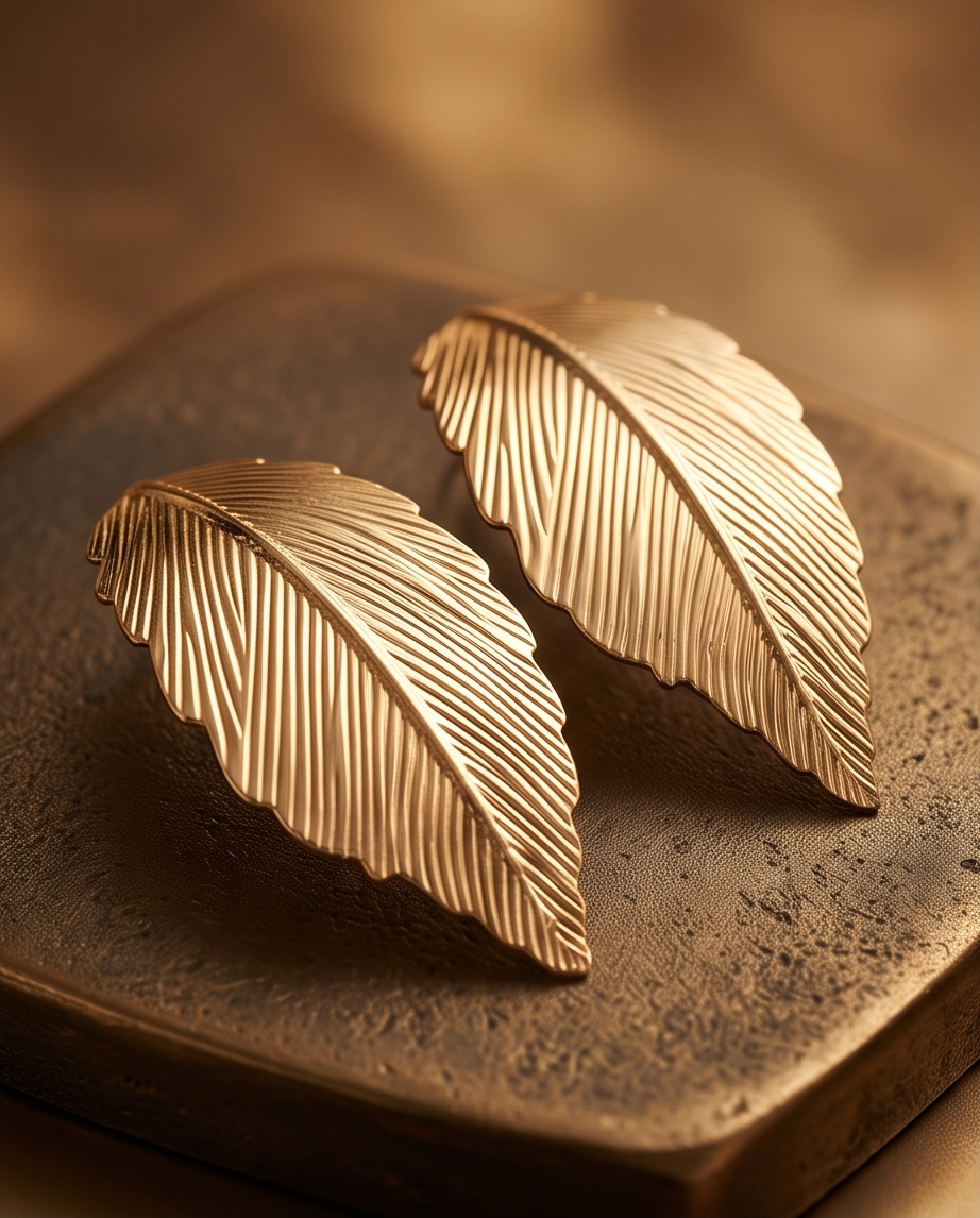 Gold Textured Feather Leaf Statement Earrings pair on stone surface