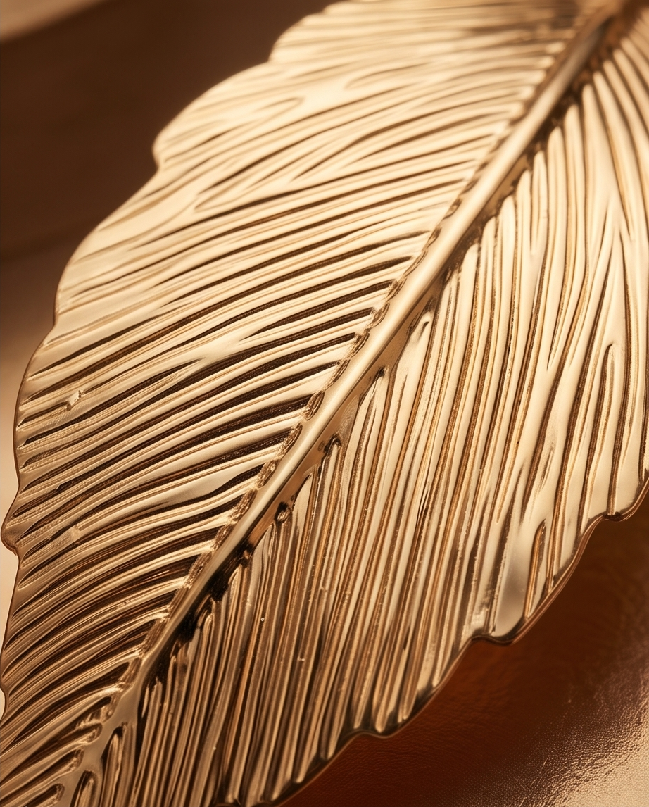 Gold Textured Feather Leaf Statement Earrings close-up texture detail
