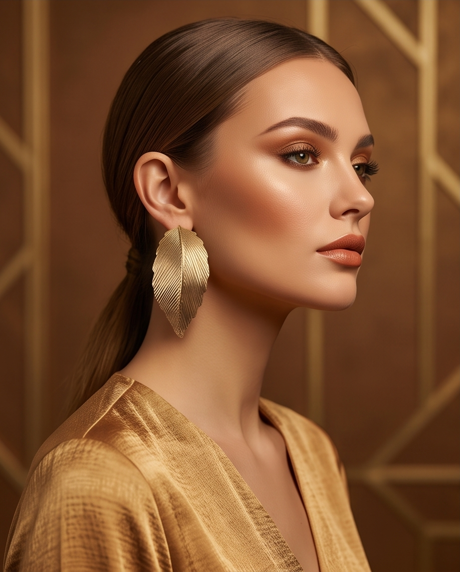 Gold Textured Feather Leaf Statement Earrings worn on model in gold outfit