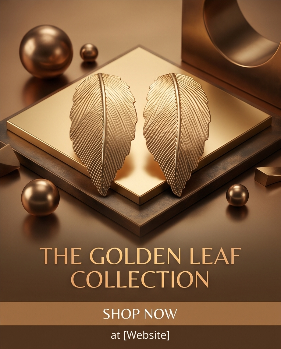 Gold Textured Feather Leaf Statement Earrings editorial campaign flat lay