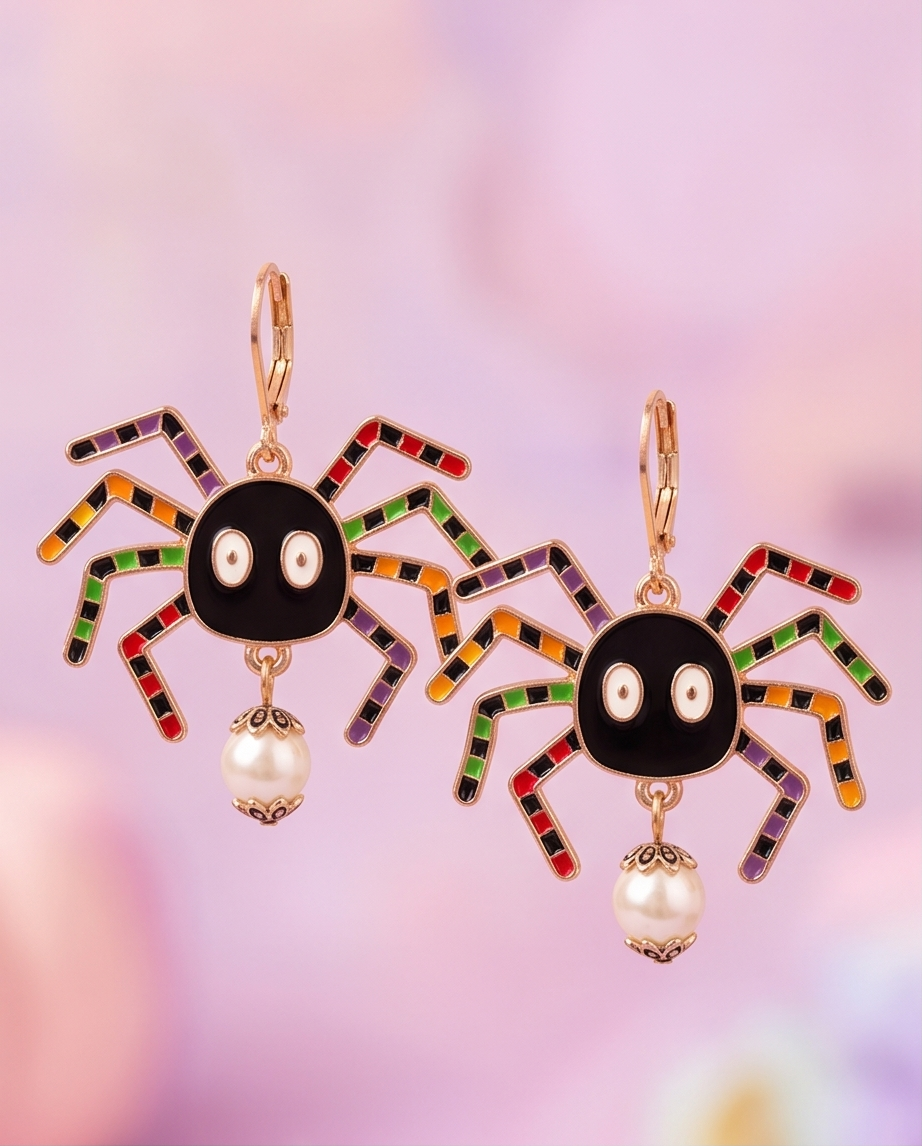 Rainbow Spider Pearl Drop Earrings worn on model with Halloween cardigan