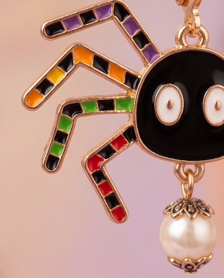 Rainbow Spider Pearl Drop Earrings close-up detail showing colourful enamel legs