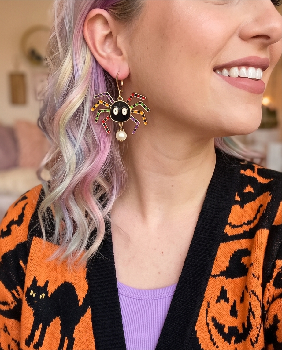 Rainbow Spider Pearl Drop Earrings Halloween flat lay with pumpkins and skeleton hands