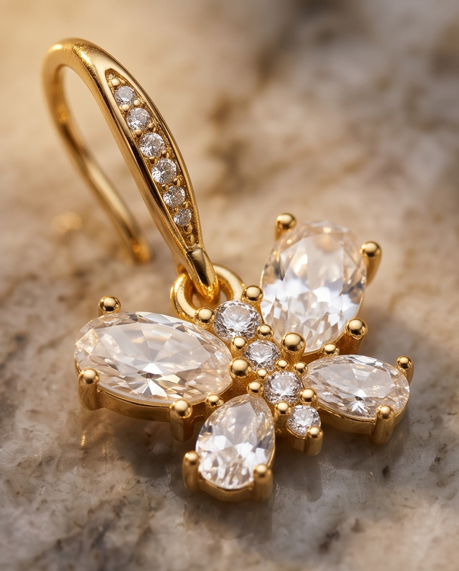 Close-up of the oval crystal petals and pave-set gold hook
