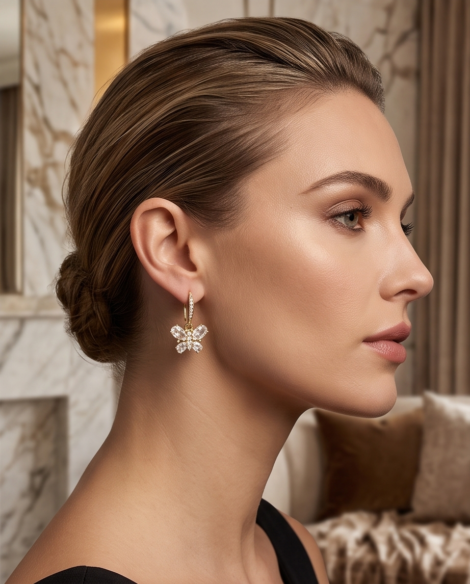 Model with a low chignon wearing the gold crystal butterfly drop earring