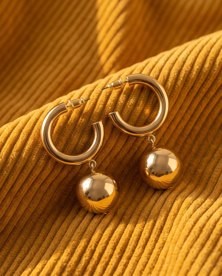 Gold hoop and ball drop earrings on corduroy fabric