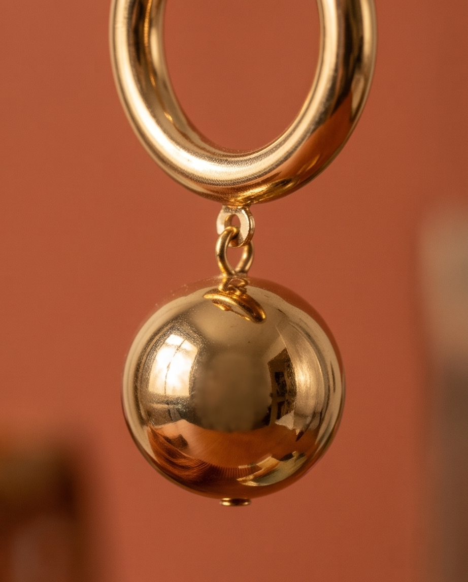 Gold ball drop earring close-up detail showing jump ring