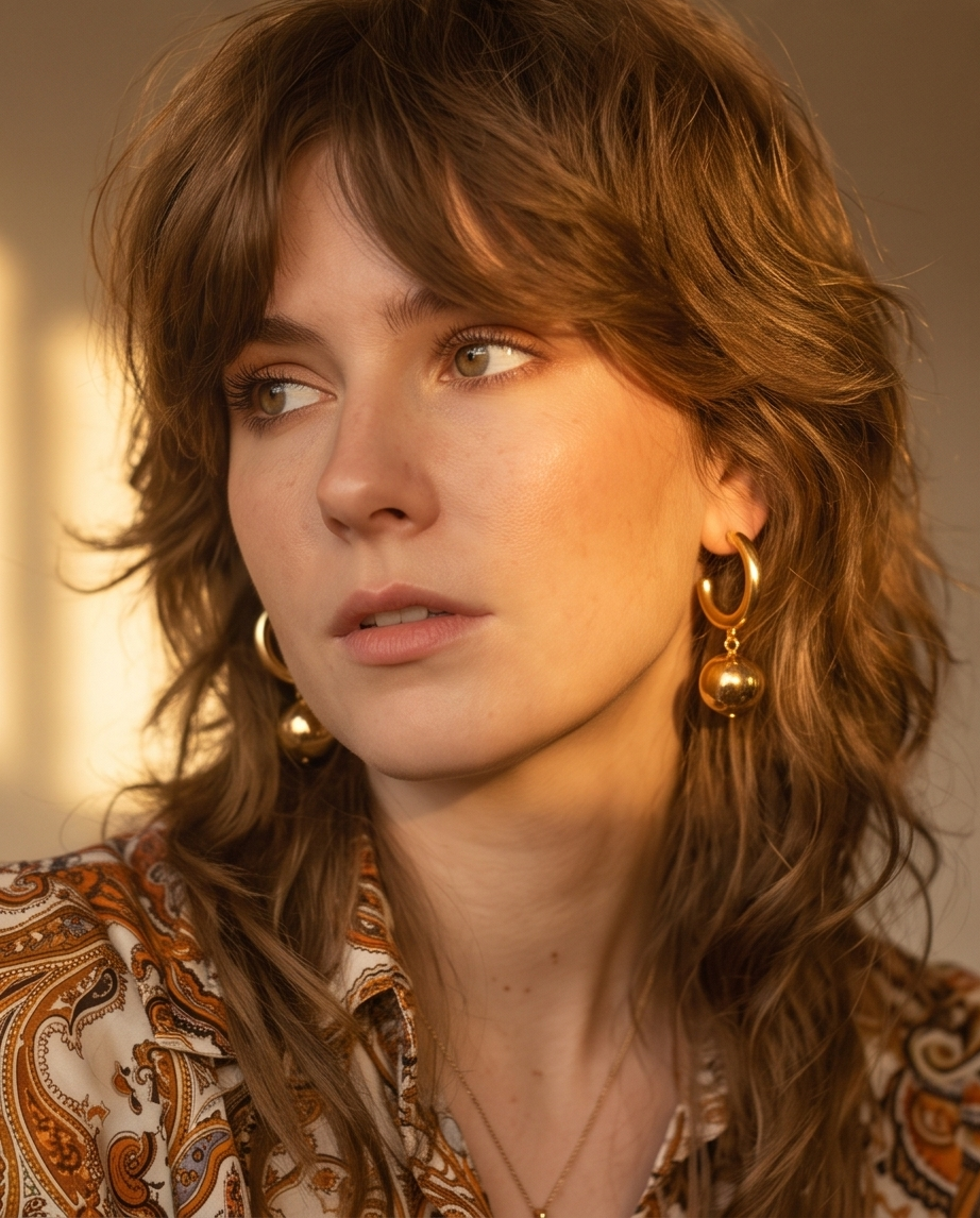 Gold hoop ball drop earrings worn on model with paisley blouse