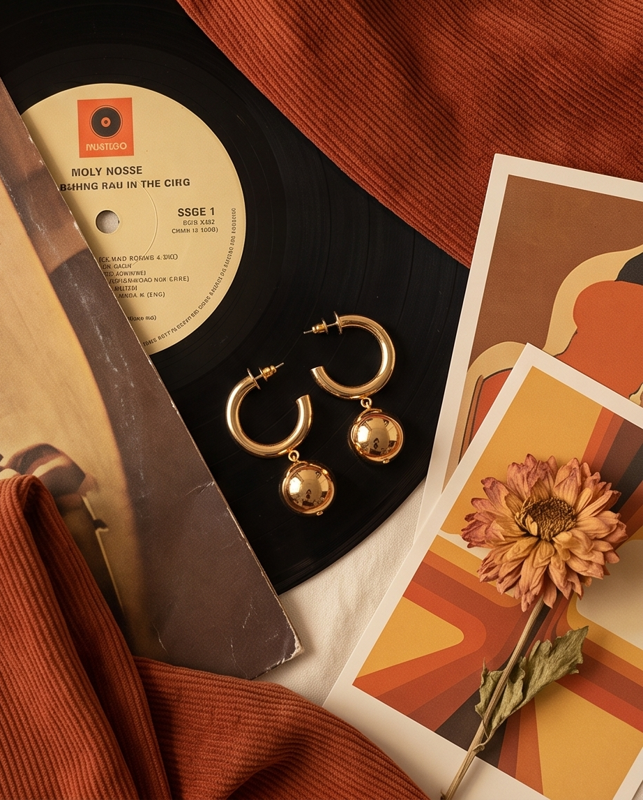 Gold hoop ball drop earrings lifestyle shot with vinyl record and flower