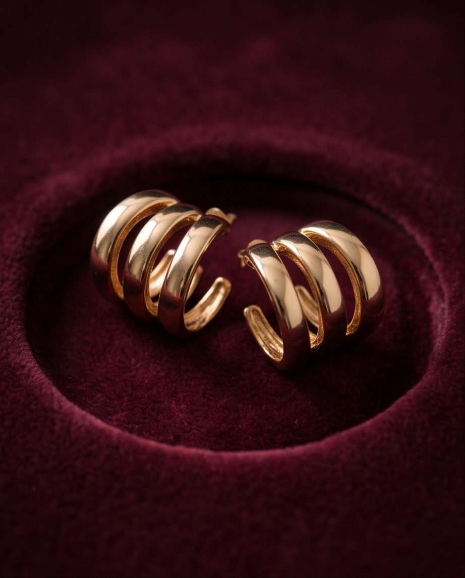 Gold triple band chunky hoop earrings in burgundy velvet jewellery dish