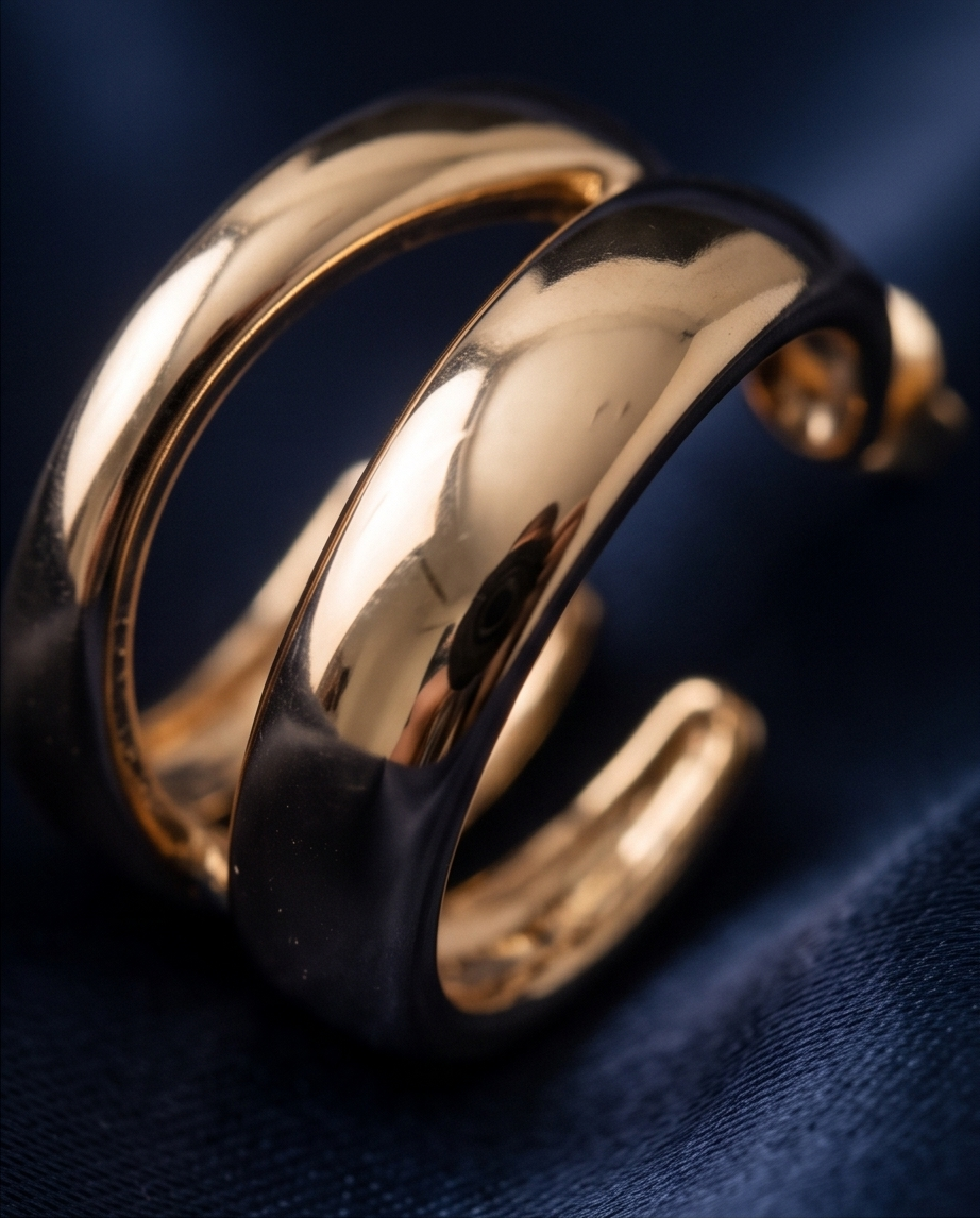 Gold triple band hoop earring close-up on navy blue satin