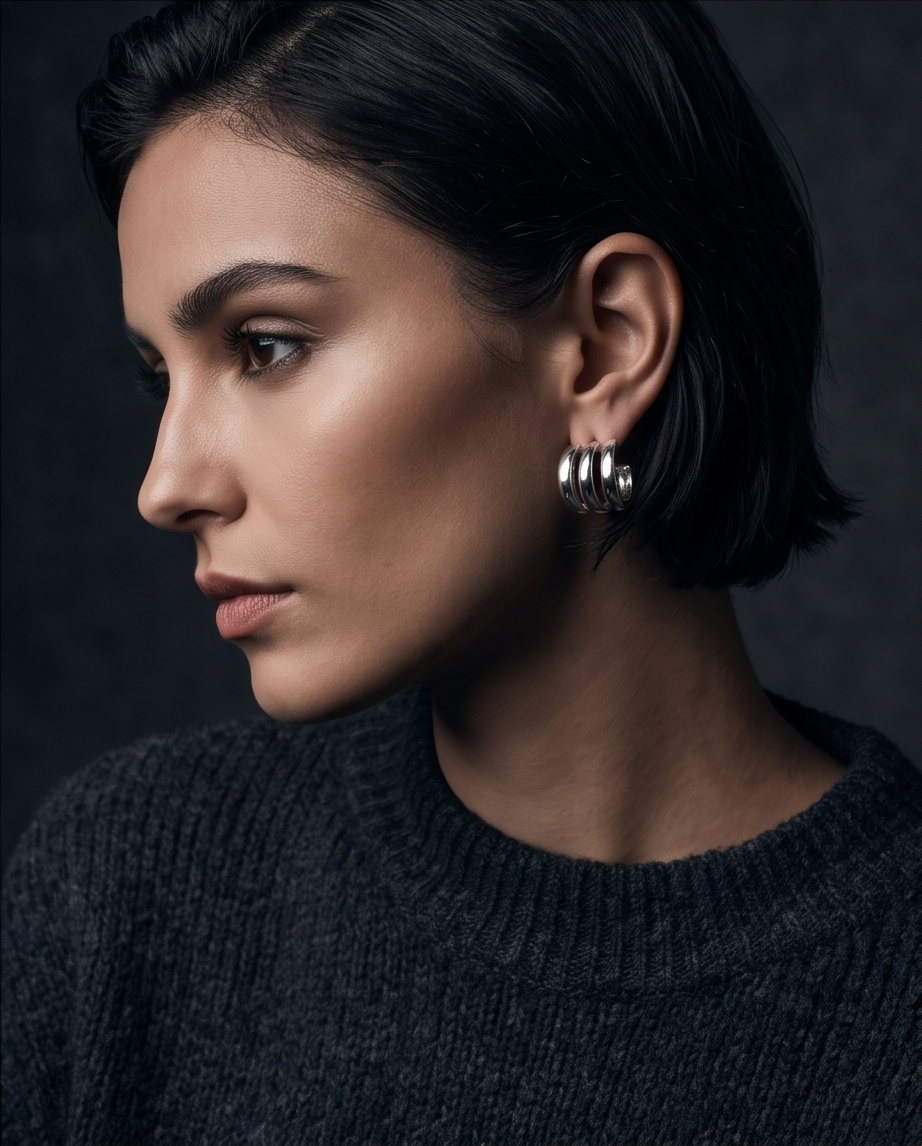 Silver triple band chunky hoop earrings worn on model with black knit jumper