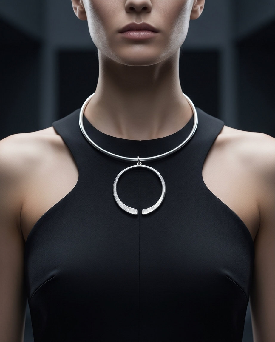 Silver torque collar with open circle pendant worn on model with black dress