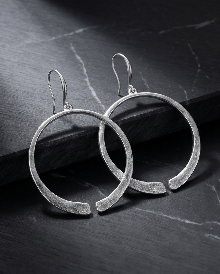 Silver brushed open circle drop earrings on black marble