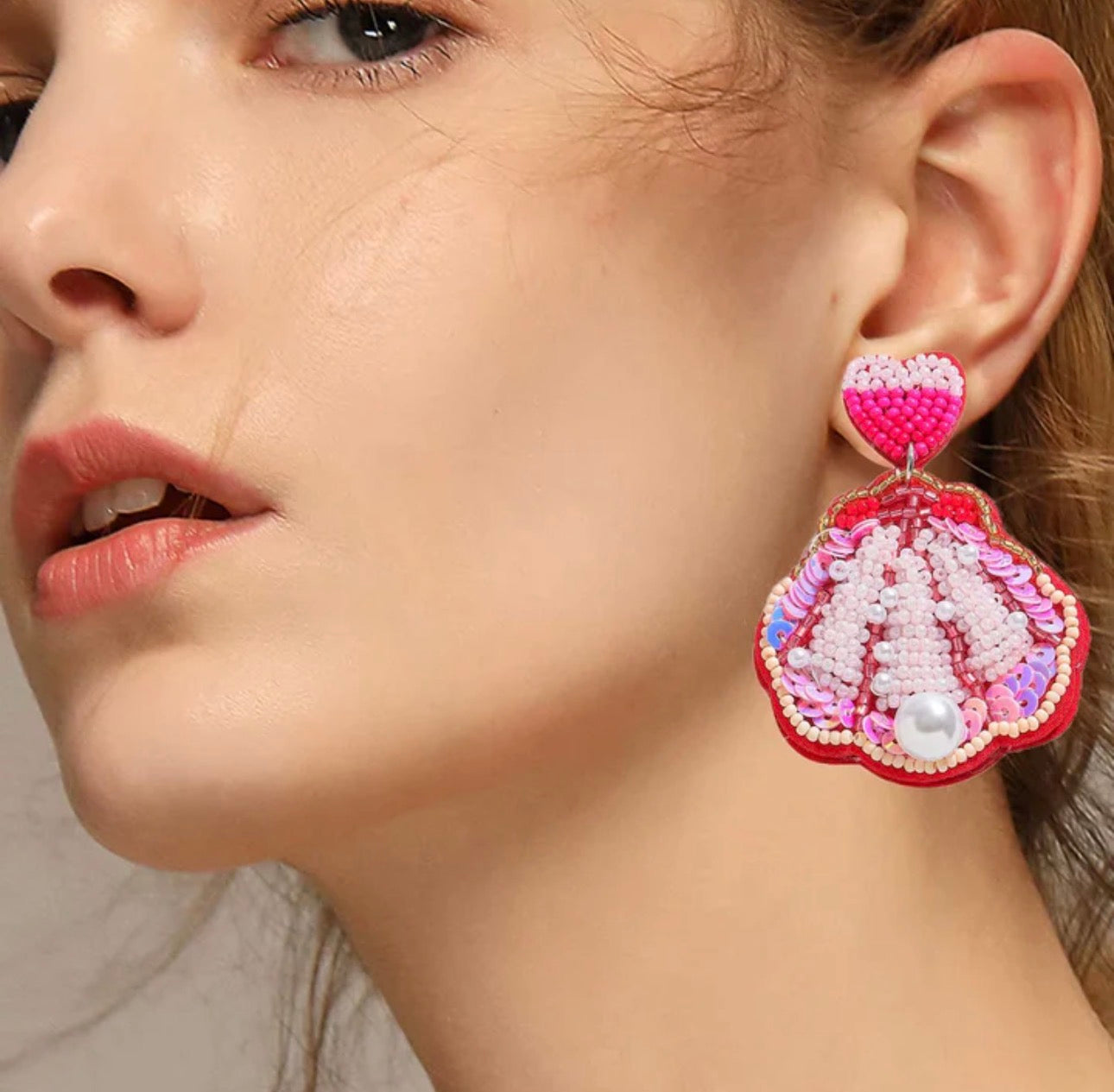 Beaded Heart & Pearl Shell Drop Earrings