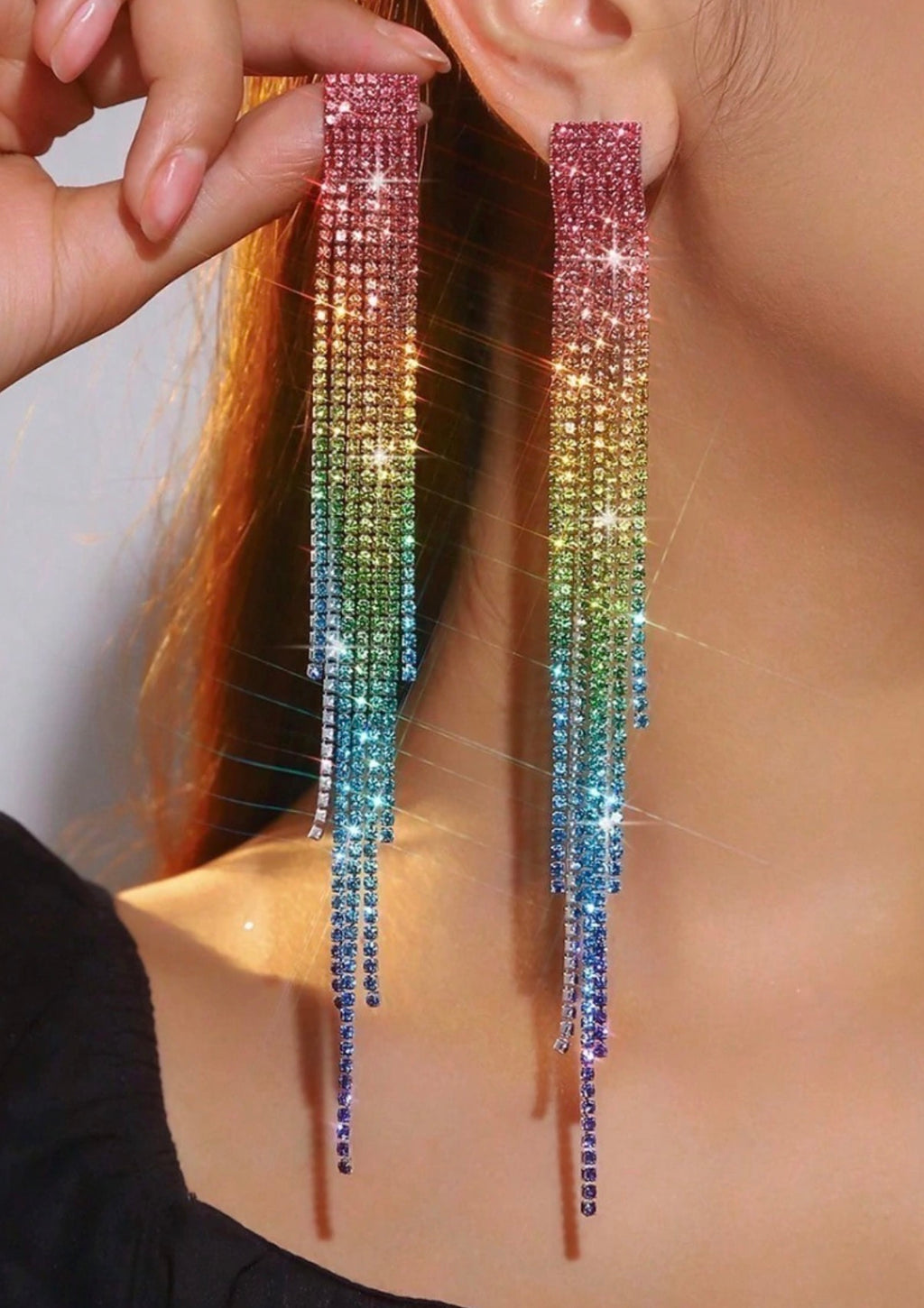 Rainbow Crystal Tassel Fringe Earrings