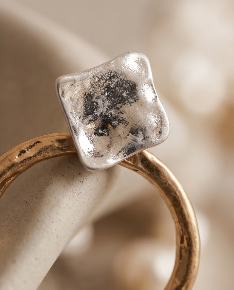 Silver hammered square stud with gold hoop drop earrings
