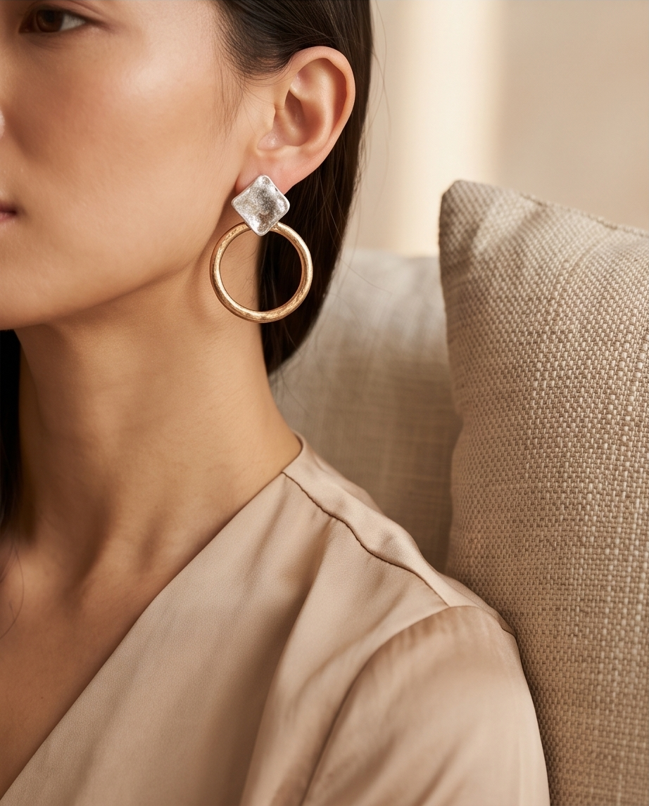 Model wearing the silver square and gold hoop drop earring