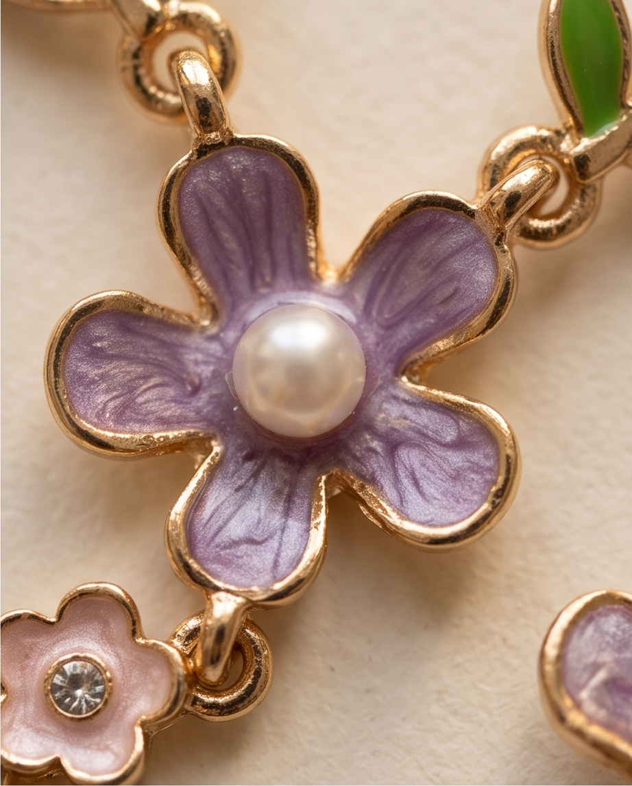 Model wearing the lilac enamel floral pearl drop earring
