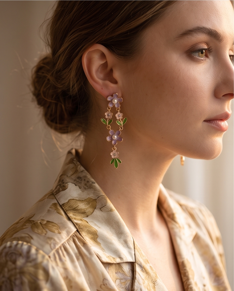Lilac enamel floral drop earrings styled with lavender and antique glass