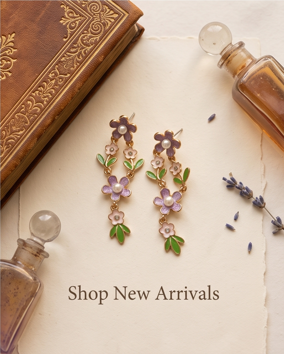 Lilac and pink enamel floral pearl drop earrings with green leaves