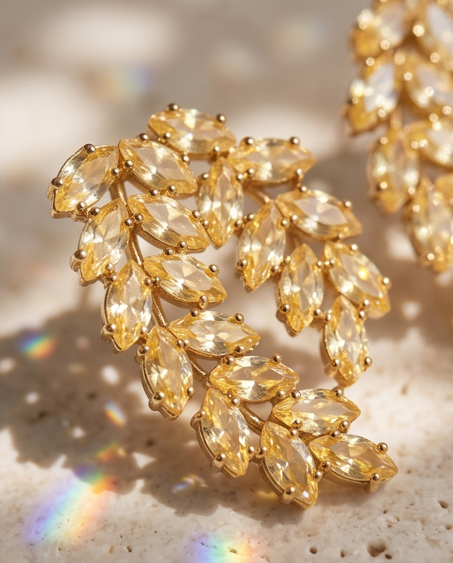Close-up of marquise citrine crystals in gold leaf setting