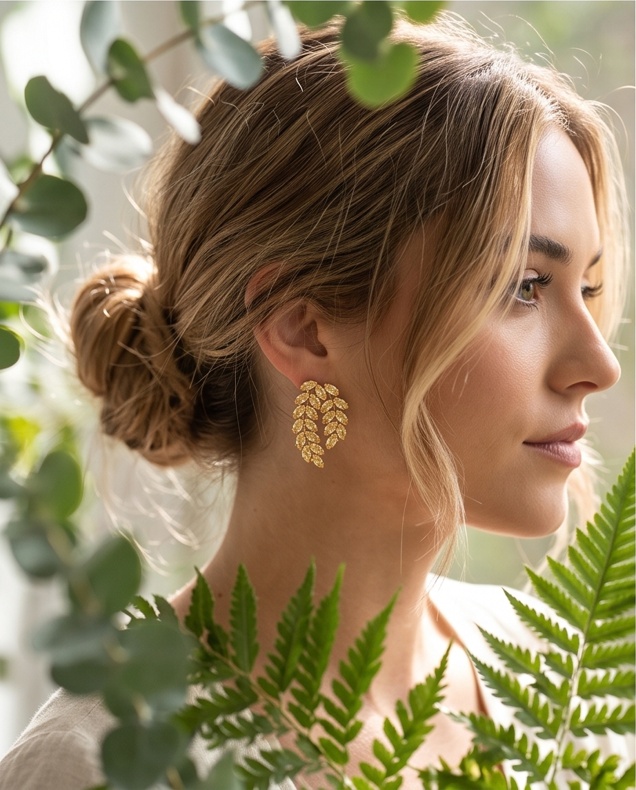 Model wearing gold citrine crystal leaf cluster stud earrings
