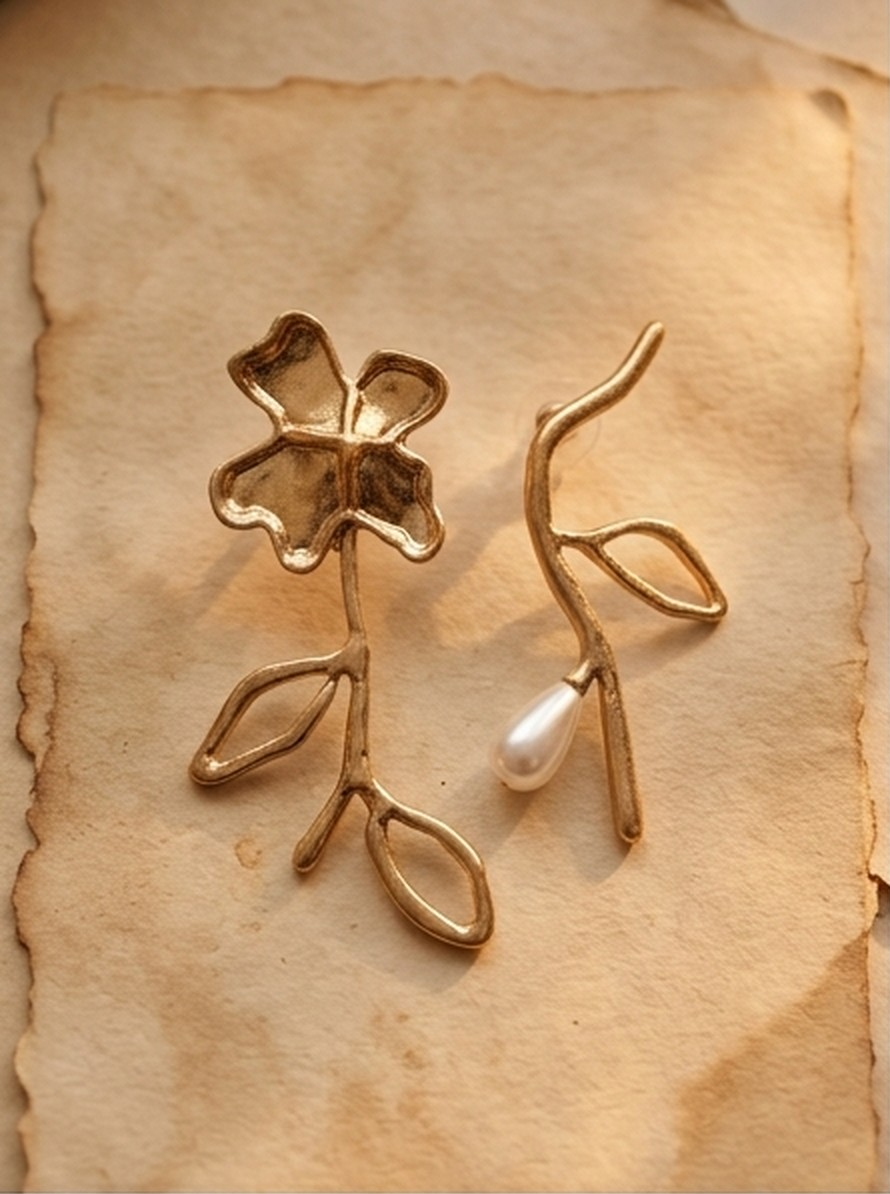 Gold asymmetric floral stem and pearl drop earrings on aged paper