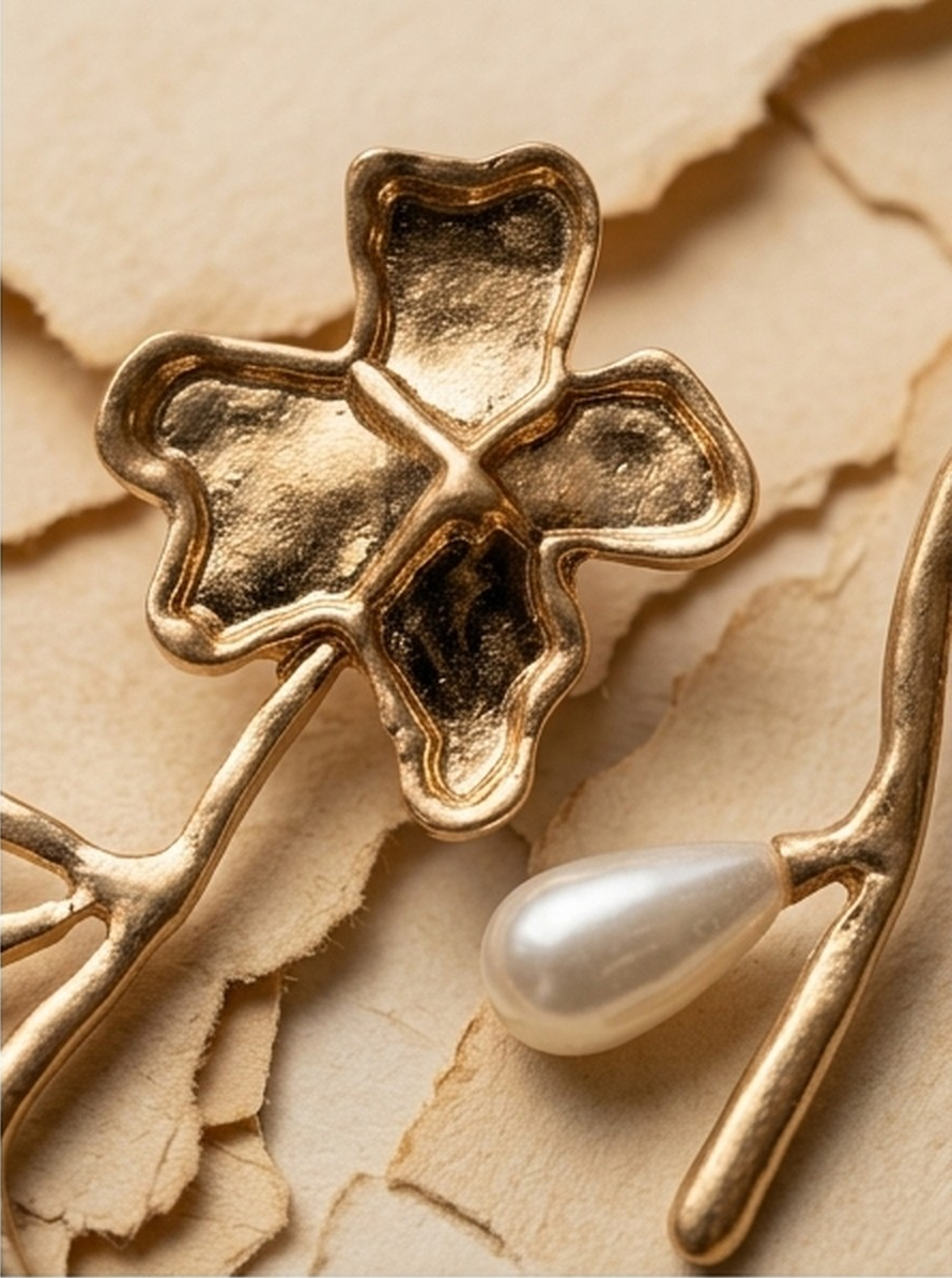 Model wearing the gold floral stem earring with a lace blouse