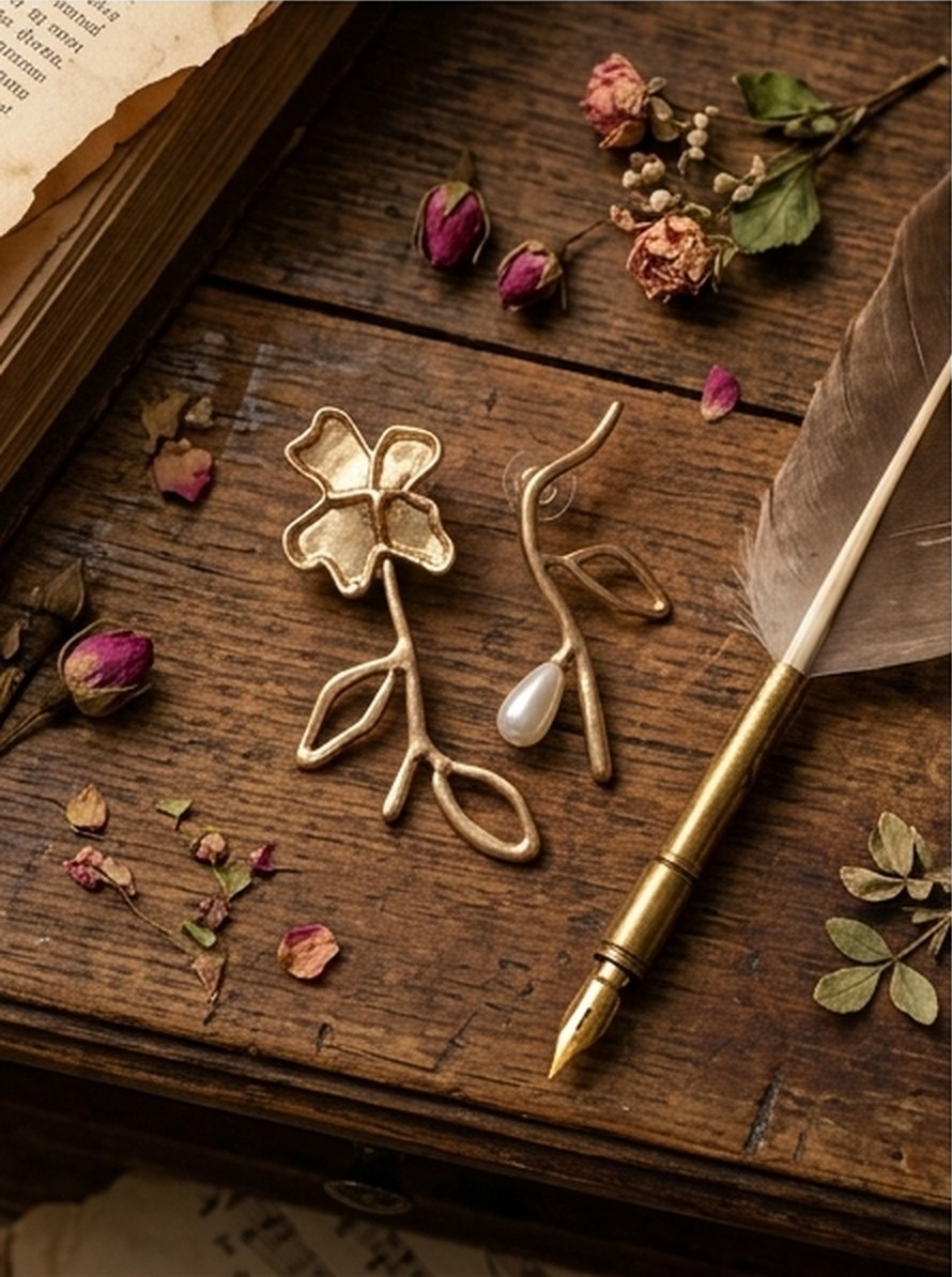 Gold floral stem earrings styled with dried roses and a quill pen