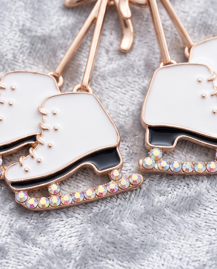 Model wearing rose gold bow ice skate drop earring in winter knitwear