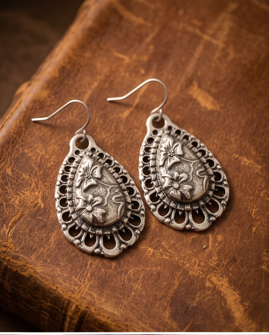 Close-up of pressed floral filigree teardrop earring detail