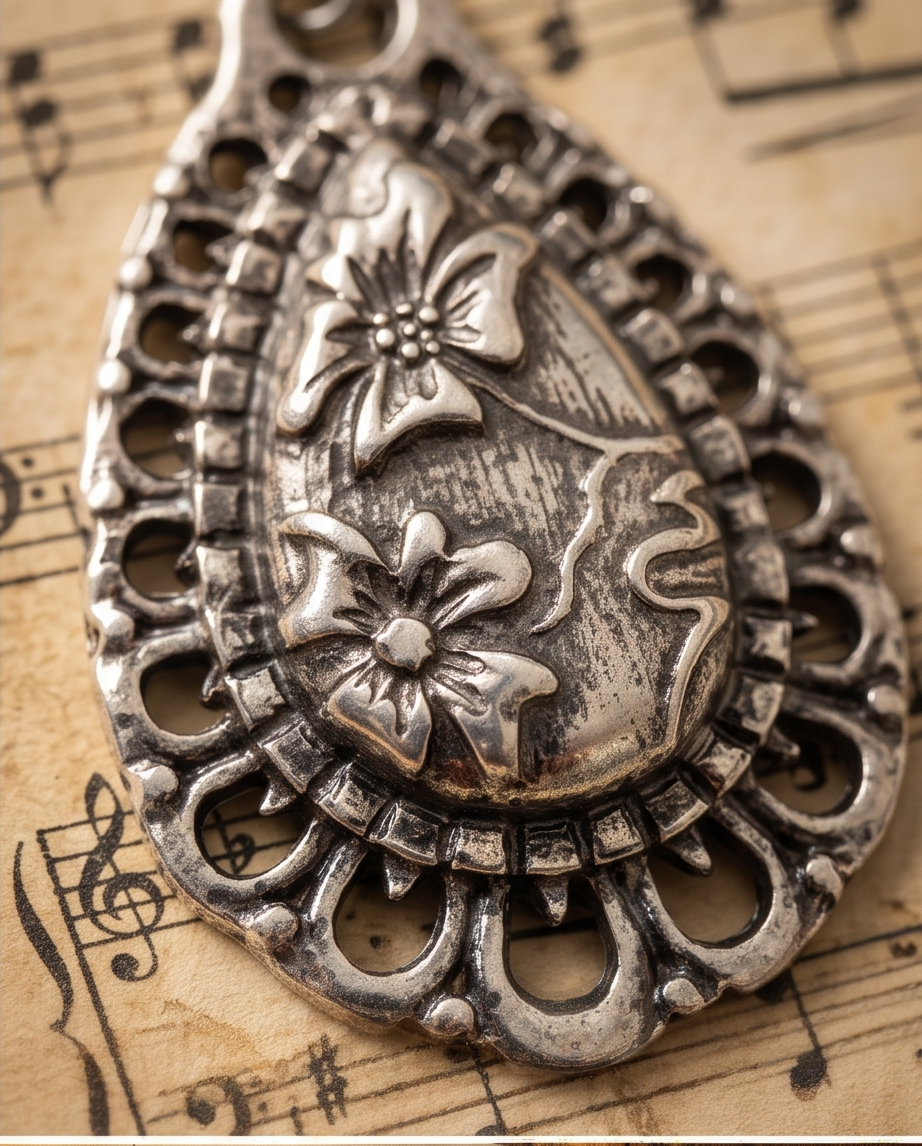 Filigree teardrop earrings styled on aged parchment