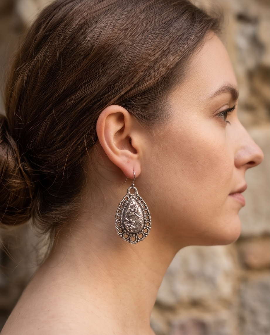 Model wearing antique-silver filigree teardrop drop earring