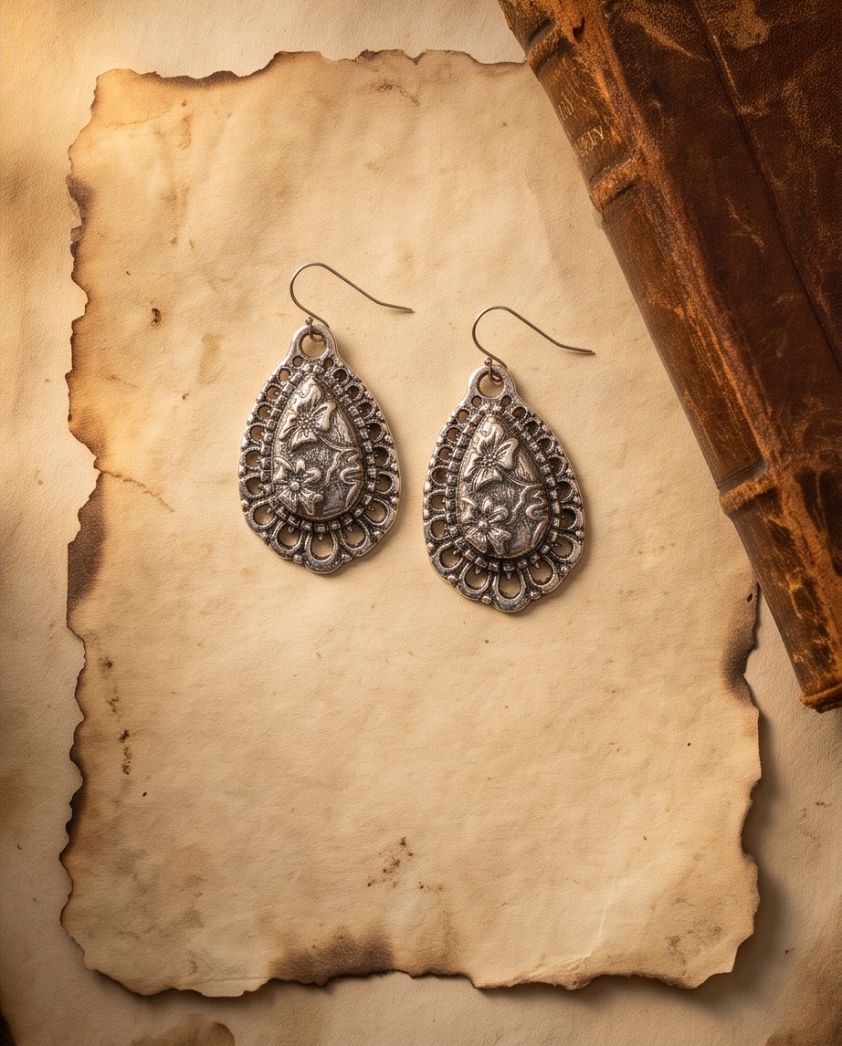 Antique-silver filigree teardrop drop earrings, pair on leather