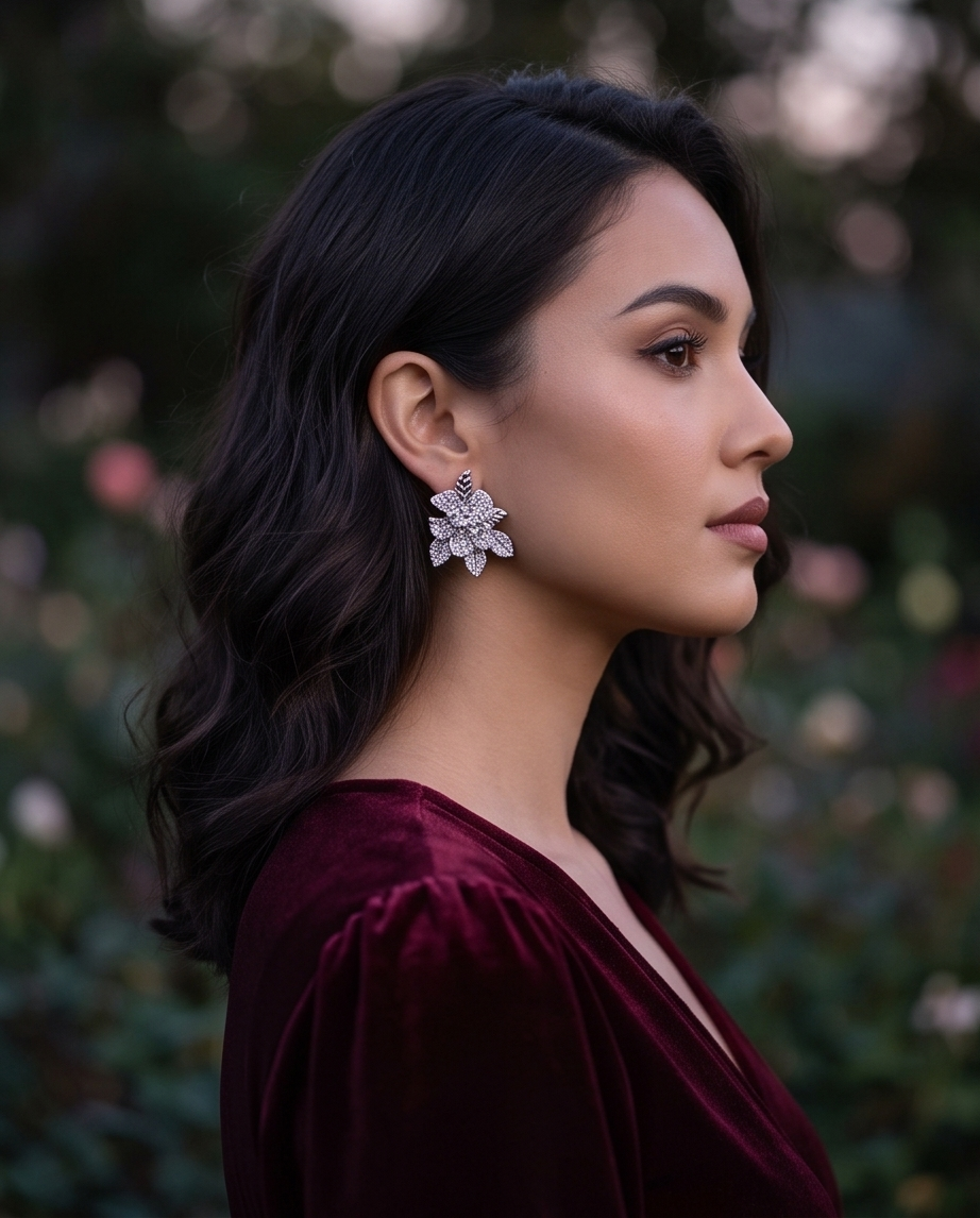 Crystal orchid earrings styled with red rose petals and eucalyptus