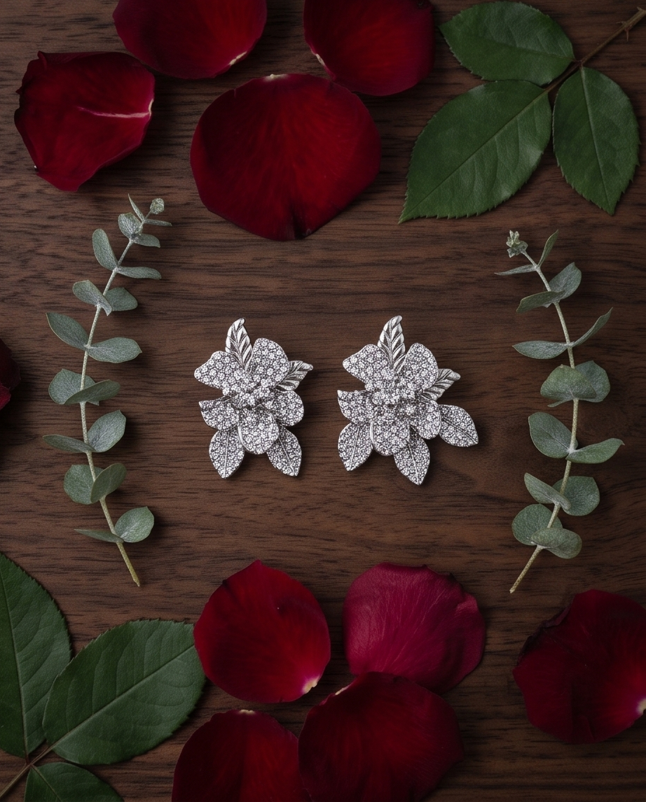 Close-up of the hand-set crystal petals and engraved silver leaf