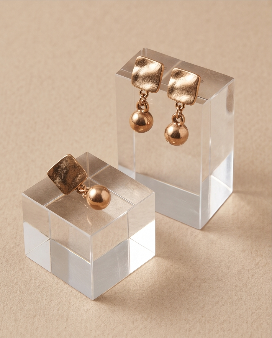 Macro detail of hammered square stud and polished sphere drop