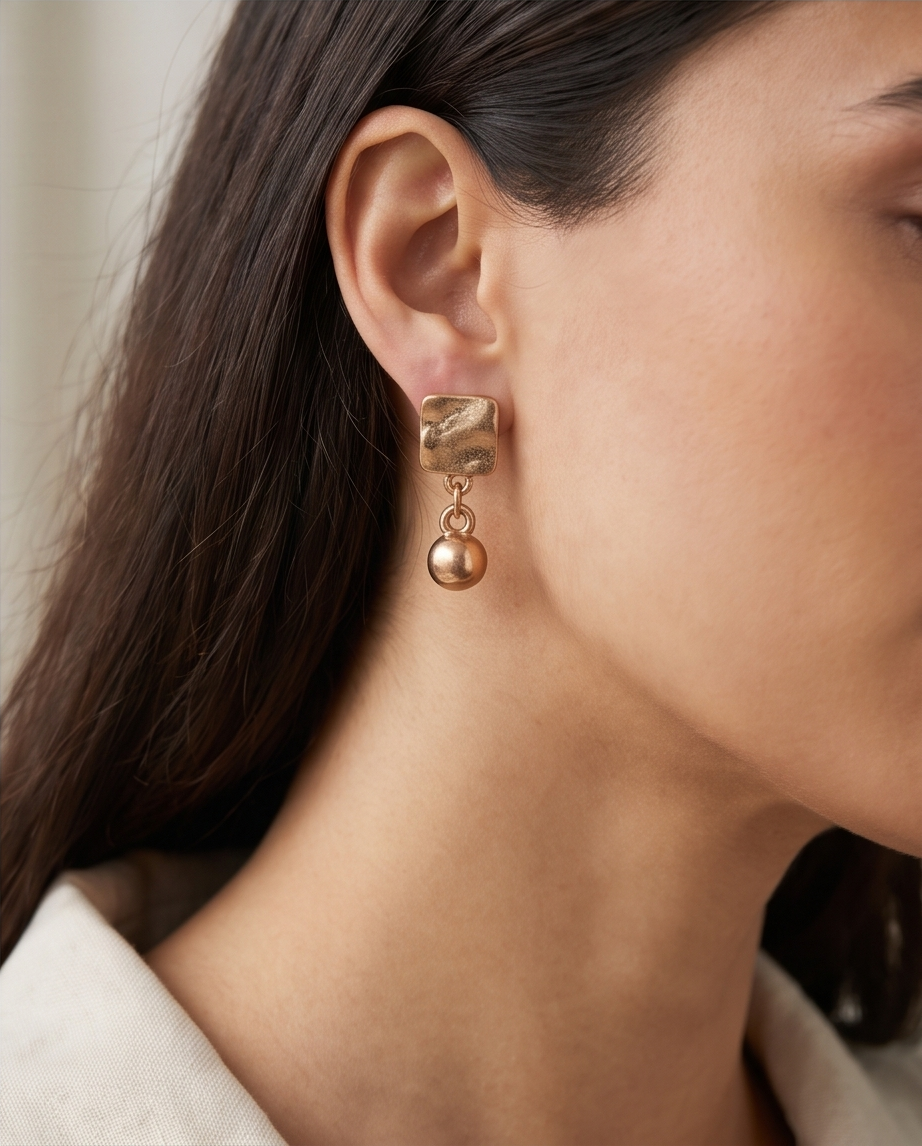 Square sphere drop earrings styled on a smoked glass tray