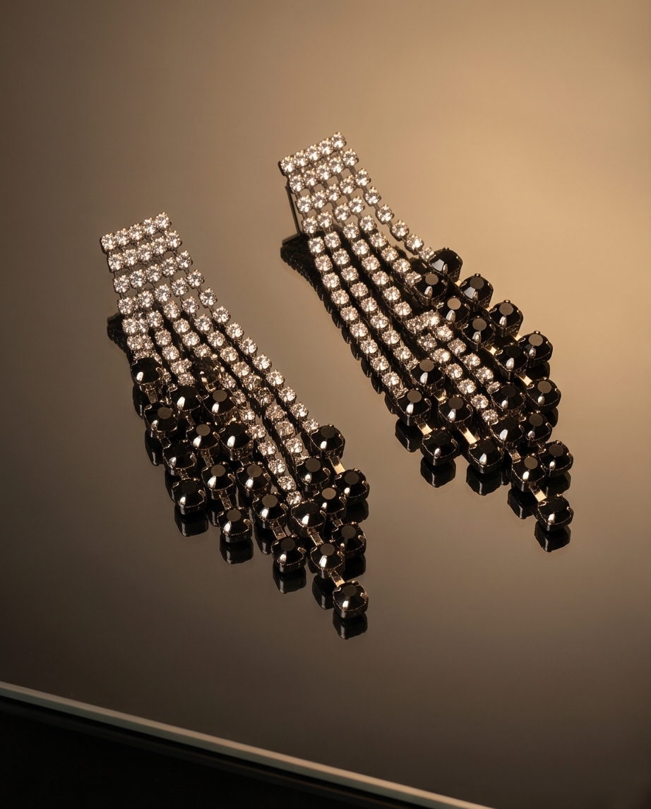 Crystal and jet black fringe chandelier earrings, pair