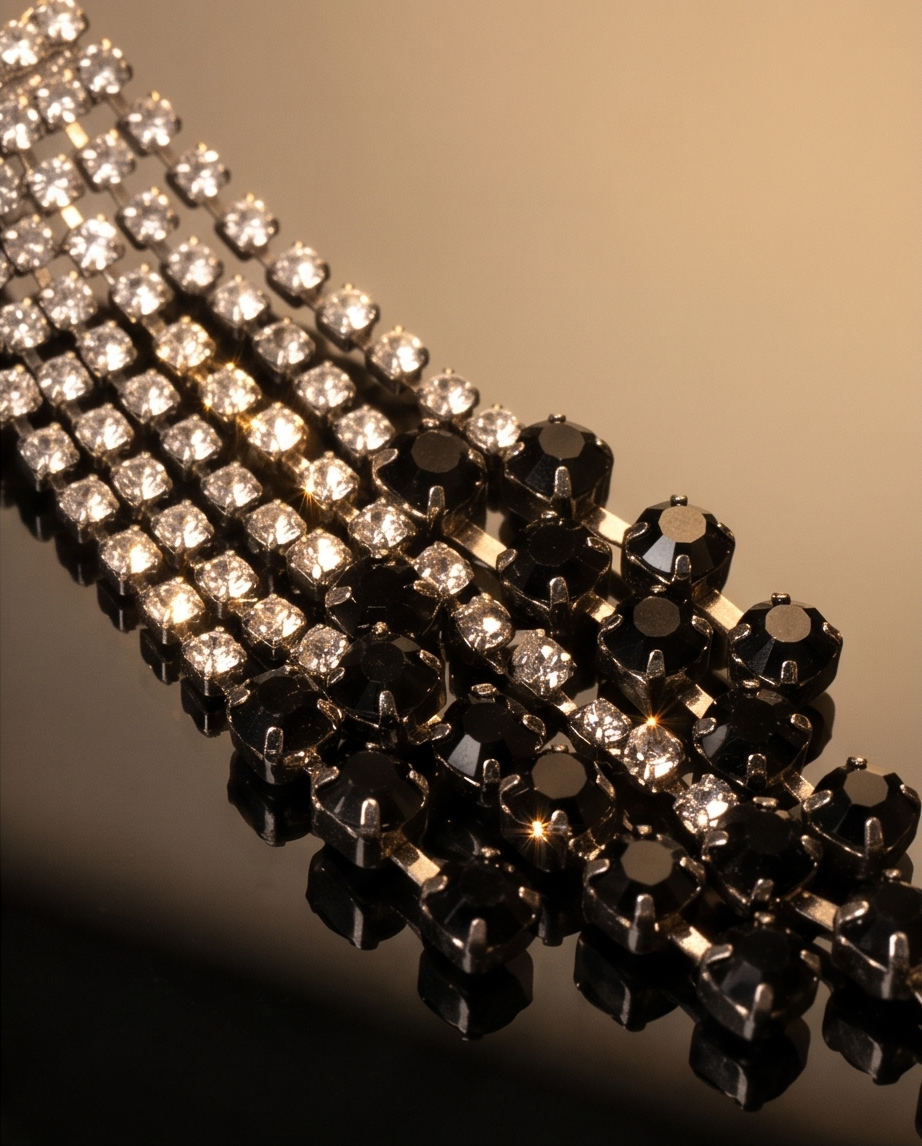 Model wearing crystal and jet fringe chandelier earring with black velvet