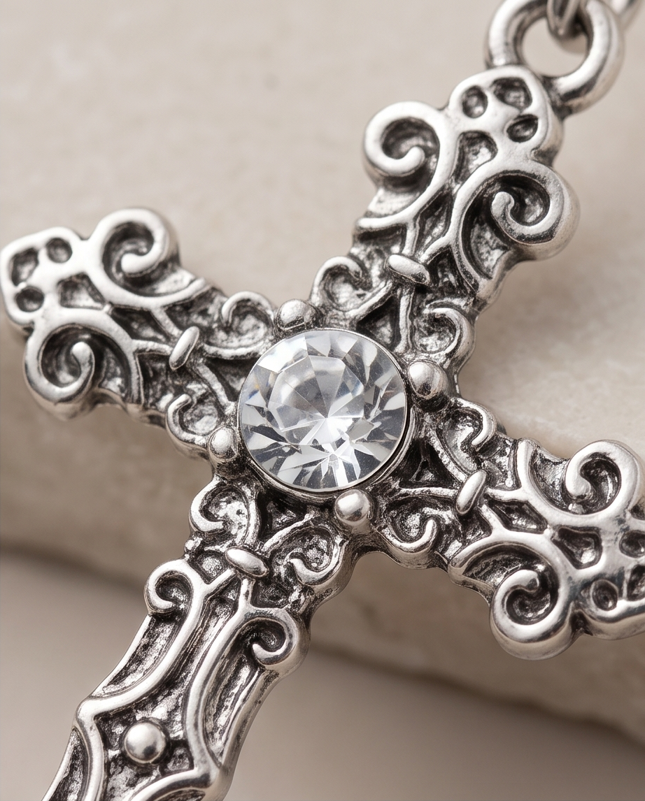 Model wearing antique silver gothic cross drop earring