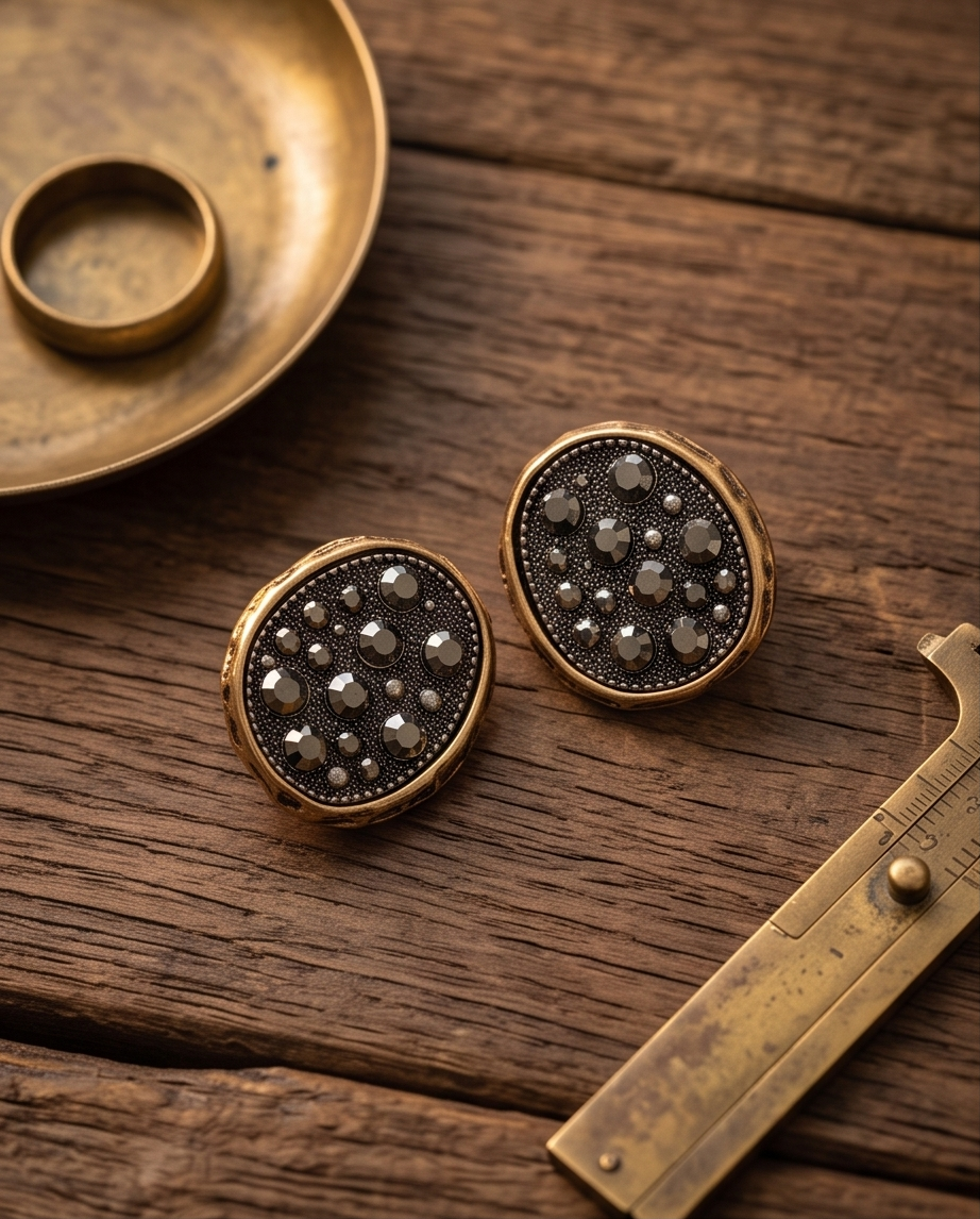Macro detail of dark hematite pavé crystals and hammered gold rim