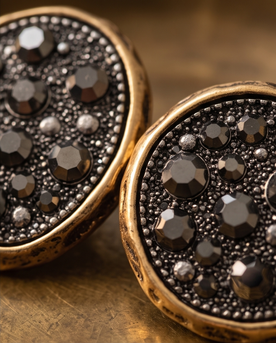 Pavé dome studs styled on a brass dish with lavender and books