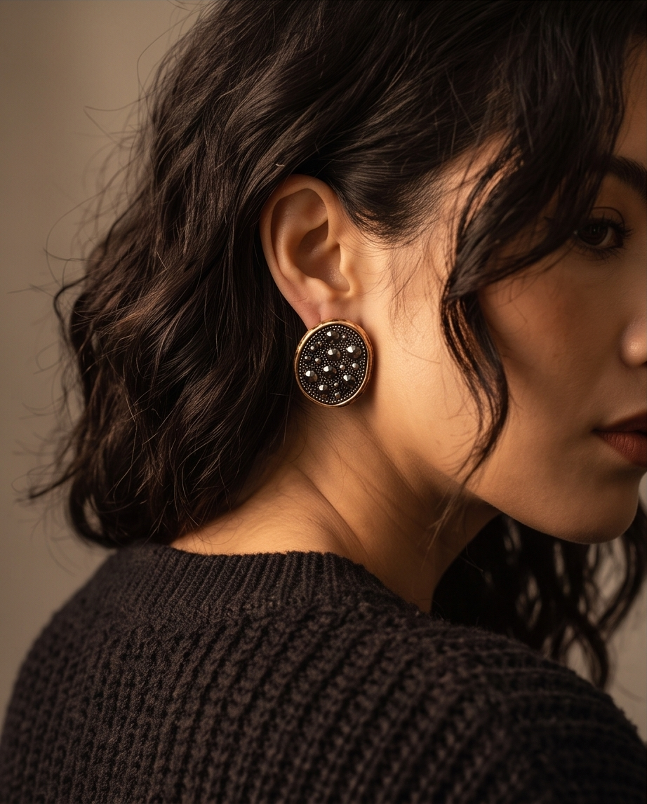 Antique gold hematite pavé dome stud earrings on wood