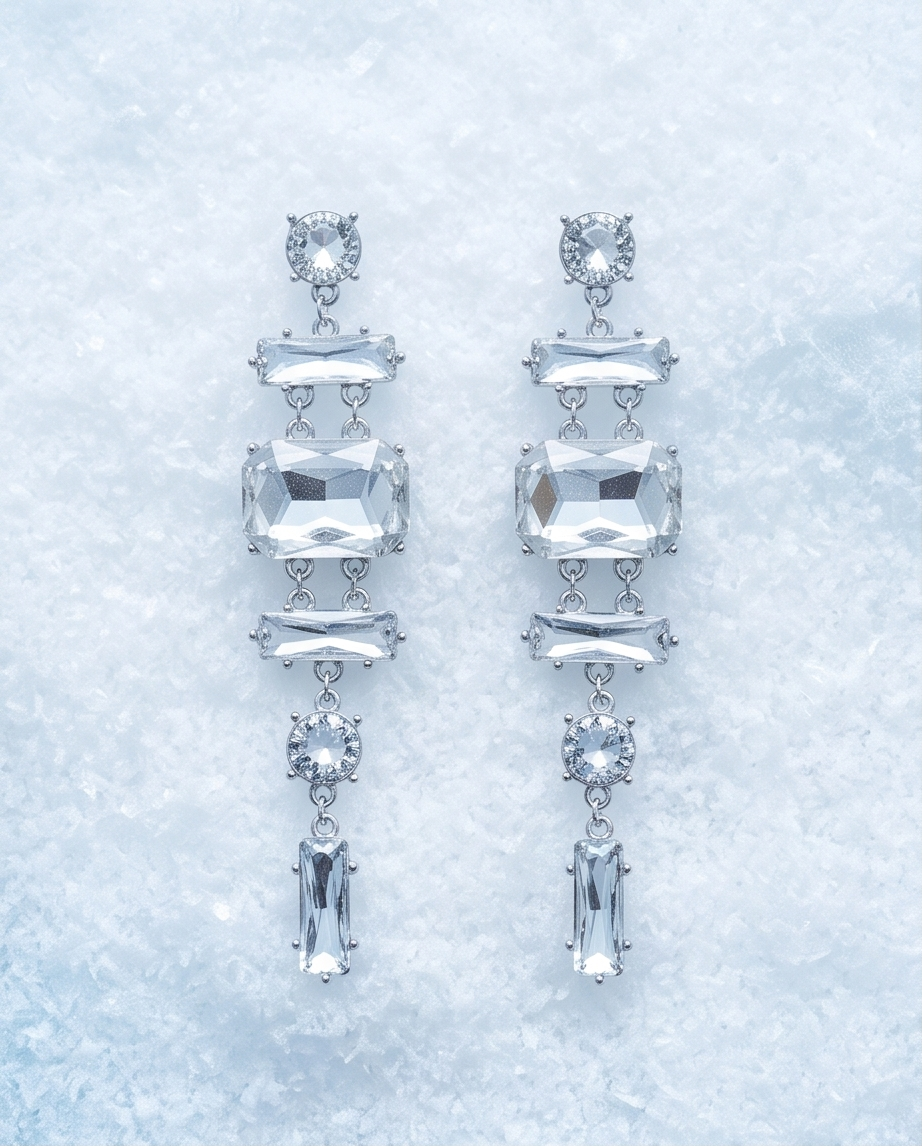 Pair of silver-tone geometric drop earrings with clear faceted crystal-style detailing