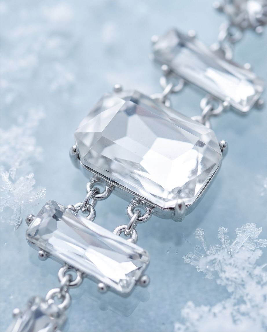 Silver-tone geometric crystal-style drop earrings styled on a pale blue surface