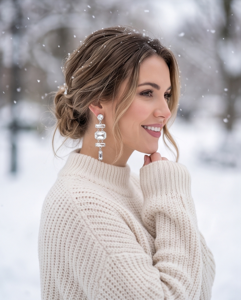 Model wearing long silver-tone geometric crystal-style drop earrings with a cream jumper