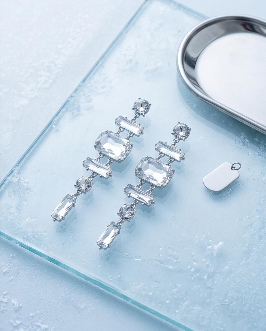 Close-up of clear faceted rectangular crystal-style detailing on a silver-tone drop earring