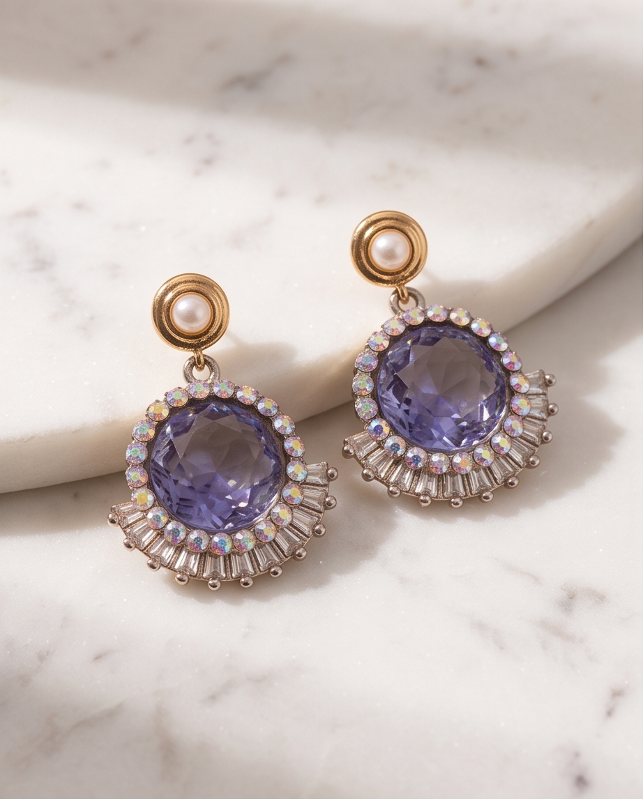 Purple crystal drop earrings styled with jewellery and accessories
